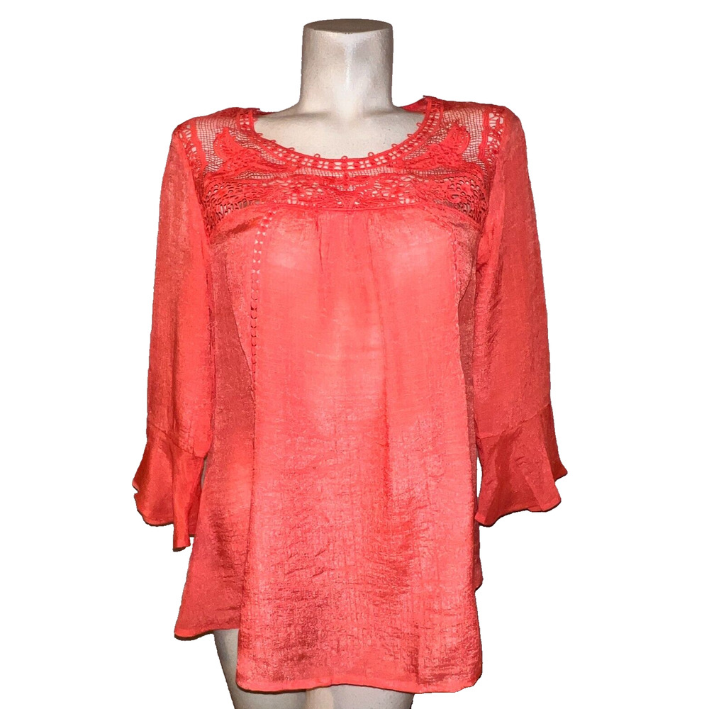 ZAC & RACHEL Top Women's Size S Coral Lace Insert‎ Blouse 3/4 Bell Sleeve Tunic